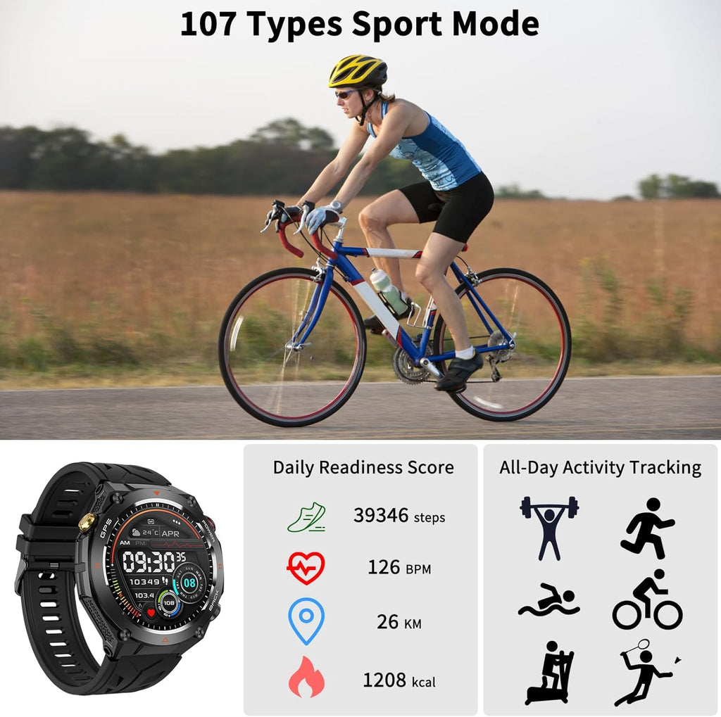 Military Smart Watch with GPS, Pressure/Altitude/Compass, Rugged Smartwatch for Men with 650mAh Extra-Large Battery, Answer/Make Call, 100+ Sports Mode, Metal Body Fitness Tracker for Android iOS