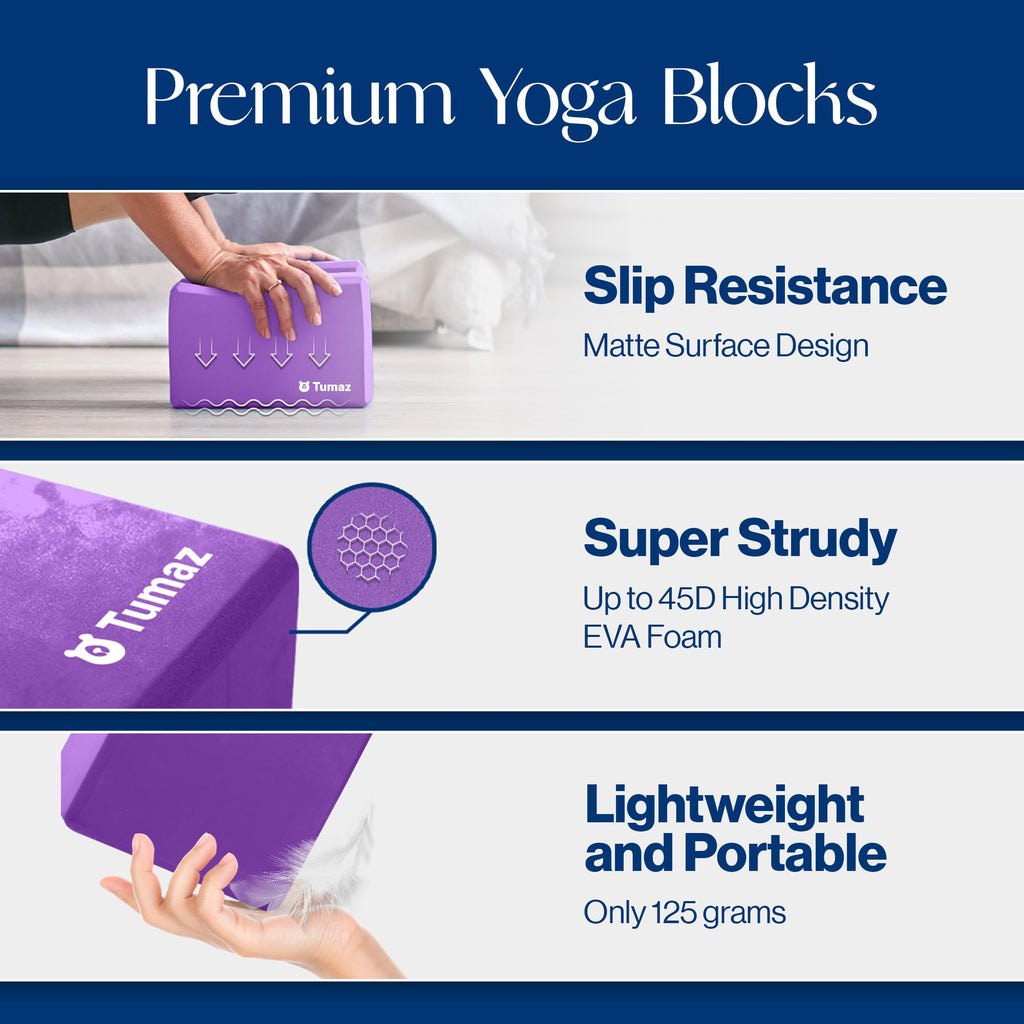Tumaz Non-Slip Yoga Blocks 2-Pack - High Density/Lightweight EVA Foam & Natural Cork for Stability, Premium Set with E-Book Included