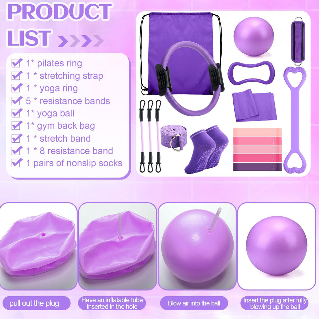 Pilates Ring Circle Set 18 Pcs Exercise Equipment Accessories for Women Workouts Pilates Ball Stretching Strap Magic Circle Yoga Ring Gym Back Bag Resistance Band Anti Slip Socks