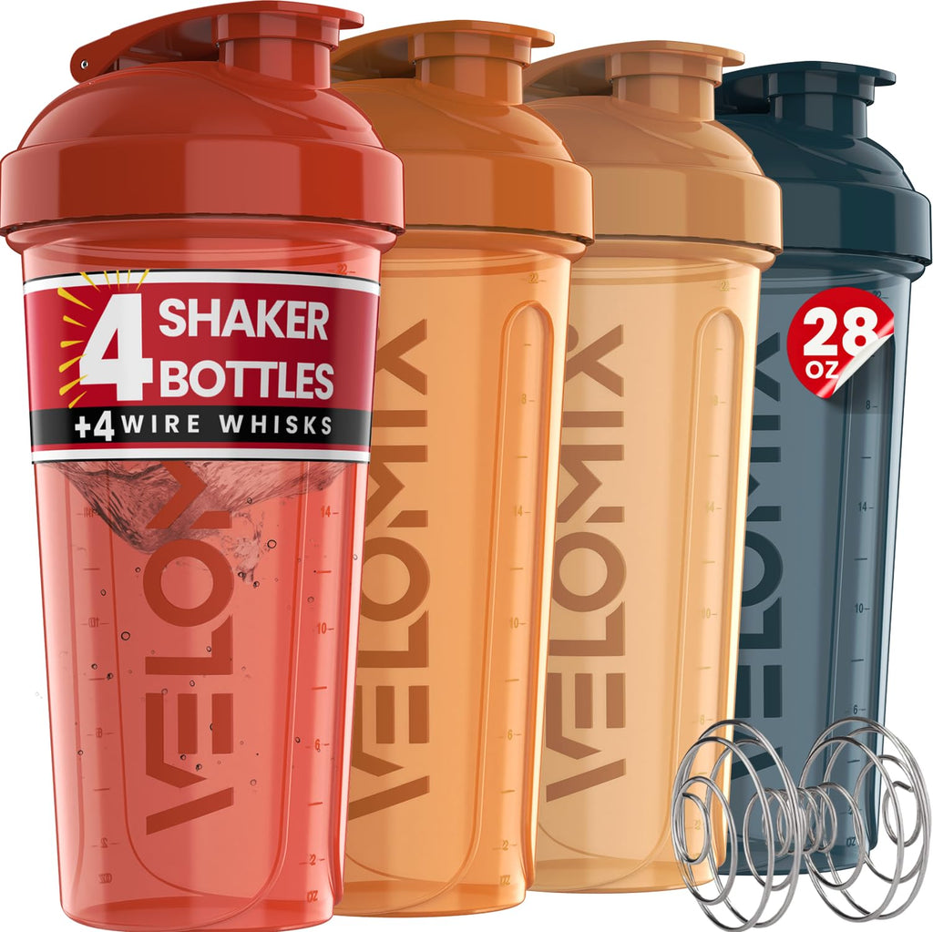 VELOMIX -4 PACK- 28 oz Protein Shaker Bottle for Protein Mixes - 4x Wire Whisk | Leak Proof Shaker Cups for Protein Shakes | Protein Shaker Bottle Pack | Protein Shake Cup (Brown)