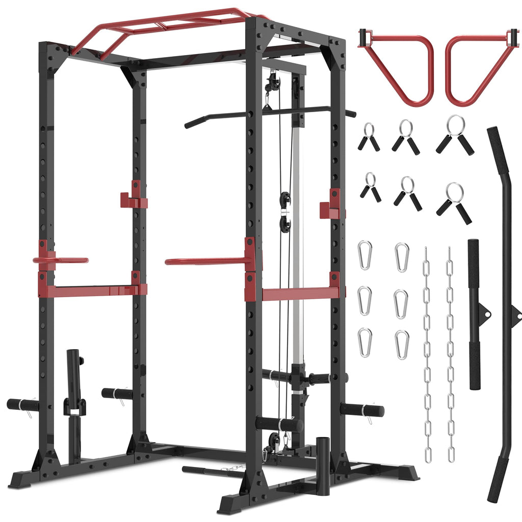 Fitness Reality Power Cage Squat Rack with Optional LAT Pulldown, Cable Crossover, 800 lb Capacity, Multi-Grip Pull-Up Bar, Adjustable Safety Bars, Strength Training for Home Gym
