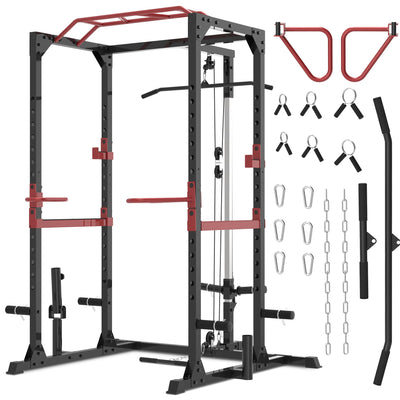 Fitness Reality Power Cage Squat Rack with Optional LAT Pulldown, Cable Crossover, 800 lb Capacity, Multi-Grip Pull-Up Bar, Adjustable Safety Bars, Strength Training for Home Gym