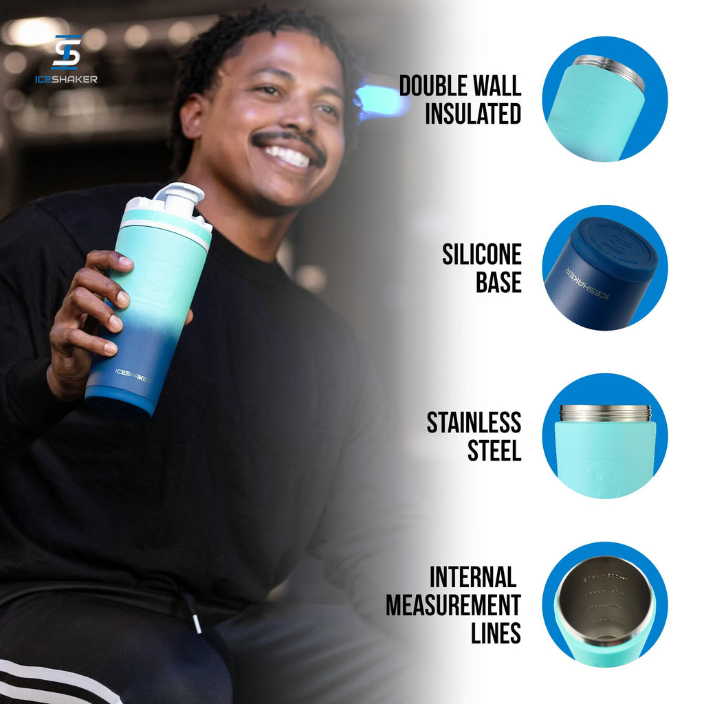 Ice Shaker Insulated Stainless Steel Shaker Bottle | 26oz, Navy/Mint | Cold for 30+ Hours | Insulated Cup with Twist-on Agitator | Odor-Free Bottle for Protein Shakes, Water, Smoothies, Cocktails