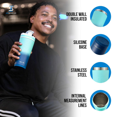 Ice Shaker Insulated Stainless Steel Shaker Bottle | 26oz, Navy/Mint | Cold for 30+ Hours | Insulated Cup with Twist-on Agitator | Odor-Free Bottle for Protein Shakes, Water, Smoothies, Cocktails