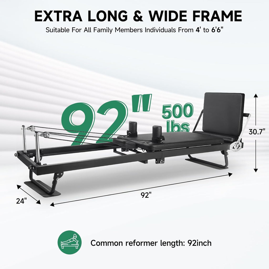 92" 2ND Gen Extended Pilates Reformer, Foldable Pilates Machine with Pilates Ring Circle & Headrest, Jumpboard, Dual Resistance Springs, Pilates Equipment for Home Workout, up to 500 lbs