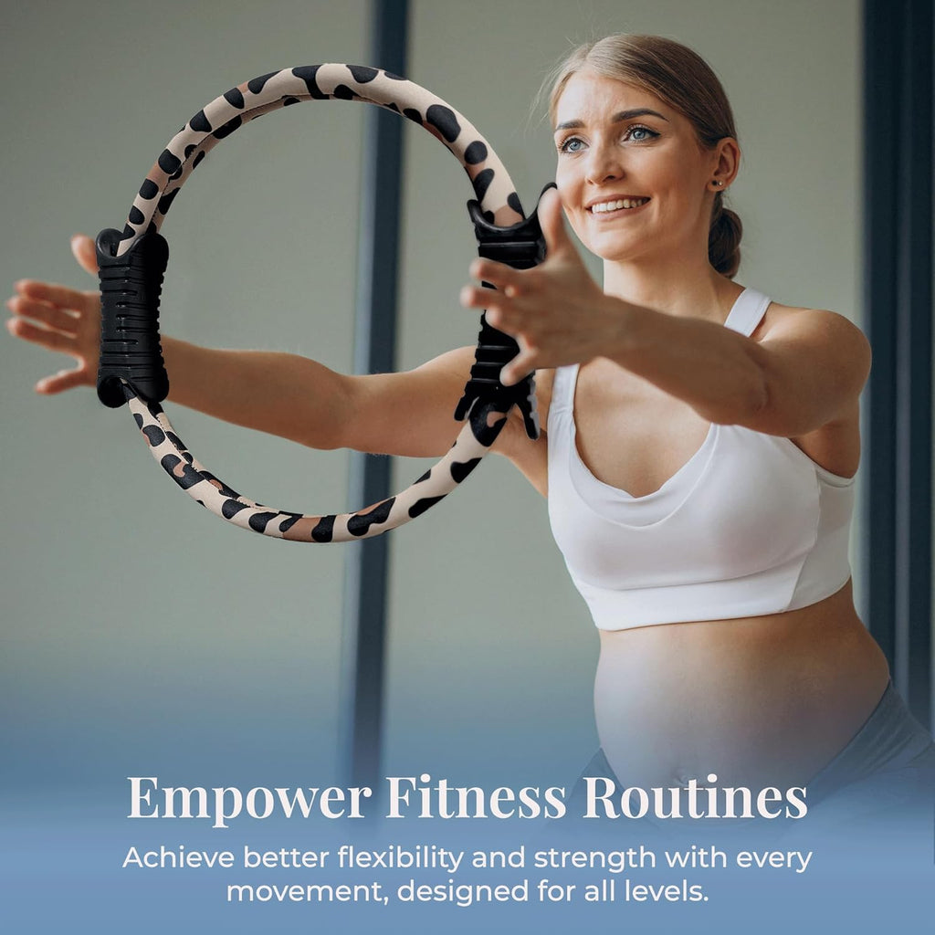 Pilates Ring Magic Circle for Women, 12” with Dual Grip Handles and Exercise Guide, Pilates Equipment for Home or Gym Workout, Fitness Tool, Leopard Print