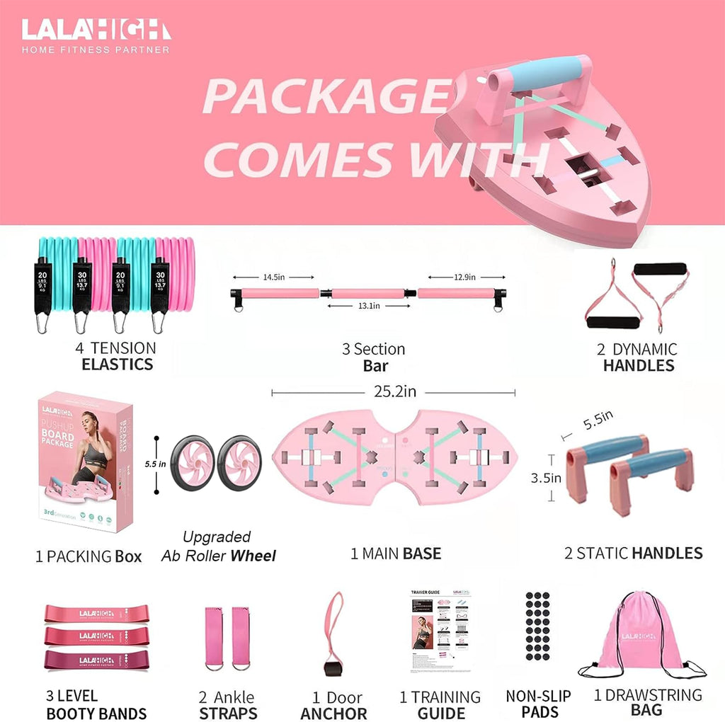 LALAHIGH Portable Home Gym System for Men and Women:Push Up Board, Pilates Bar & 20 Fitness Accessories with Resistance Bands and Ab Roller Wheel-Professional Strength Training Exercise