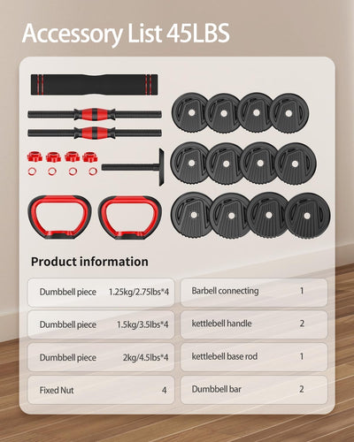 Adjustable Dumbbells, 10/20/30/45/70/90lbs Free Weight Set with Connector, 4 in1 Dumbbells Set Used as Barbell, Kettlebells, Push up Stand, Fitness Exercises for Home Gym Suitable Men/Women