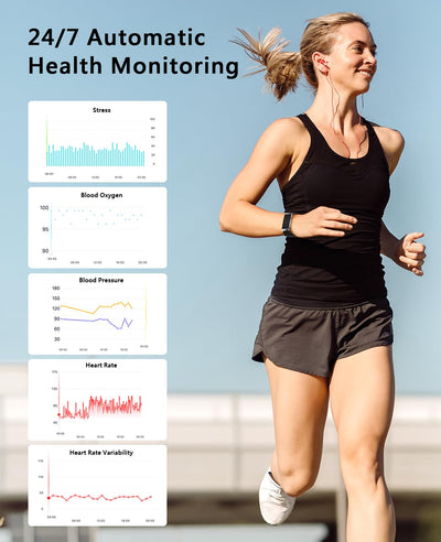 Smart Bracelet for Men Women, Health Activity Fitness Trackers, 24/7 Continuous Heart Rate/Blood Pressure/HRV/Stress Monitor, 24H Sleep Tracker, 170+ Sports Modes Smart Wristband with Free APP 2 Bands