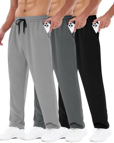 3 Pack Mens Sweatpants with Pockets - Mesh Open Bottom Athletic Joggers for Men Loose Fit Gym Workout Running Casual Pants