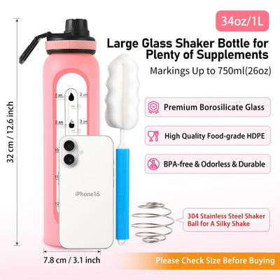 Glass Shaker Bottle 34oz/1L Black Glass Protein Shaker Bottle With Shaker Ball Large Shaker Bottles for Protein Mixes Portable Powder Mixer Blender Water Bottle for Gym Workout Sports