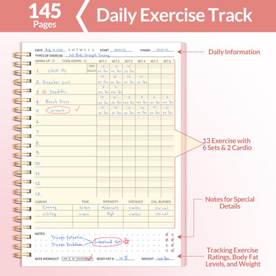 Fitness Journal Workout Planner for Women & Men, A5 (6.4" x 8.3") Workout Journal Log Book Planner Gift for Track Gym Essentials, Home Workouts, Track Progress, Achieve Wellness Goals, Pink