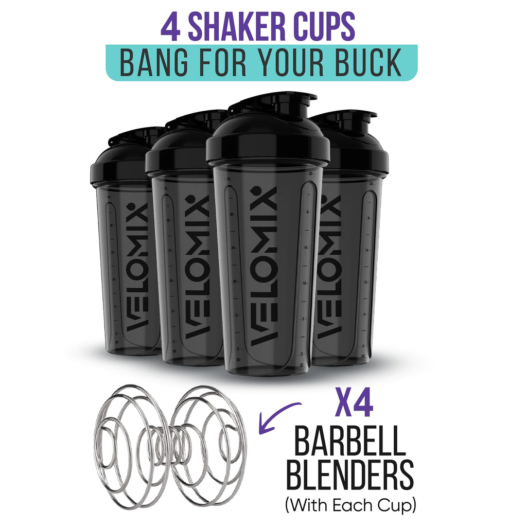 VELOMIX -4 PACK- 28 oz Protein Shaker Bottle for Protein Mixes - 4x Wire Whisk | Leak Proof Shaker Cups for Protein Shakes | Protein Shaker Bottle Pack | Protein Shake Cup (Brown)