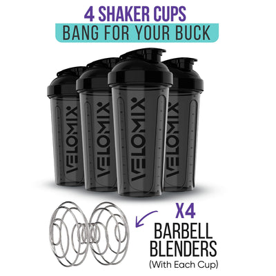 VELOMIX -4 PACK- 28 oz Protein Shaker Bottle for Protein Mixes - 4x Wire Whisk | Leak Proof Shaker Cups for Protein Shakes | Protein Shaker Bottle Pack | Protein Shake Cup (Brown)