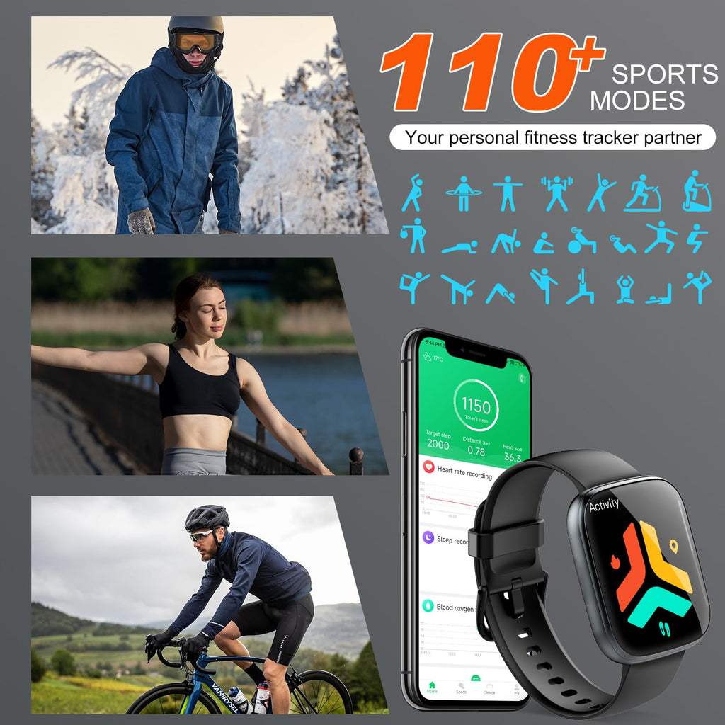 Smart Watch for Men Women(Answer/Make Calls), 1.95" HD Touch Screen Fitness Watch with Sleep Heart Rate Monitor, 110+ Sports Modes, IP68 Waterproof Activity Trackers Compatible with Android iOS, Black