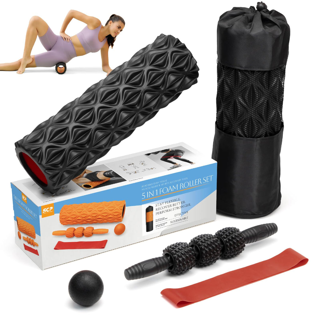 5 in1 Foam Roller Set, Trigger Point Foam Roller, Massage Roller Stick, Massage Ball, Resistance Band for Deep Muscle Massage Pilates Yoga,Fitness Exercise for Whole Body (Black-Red)
