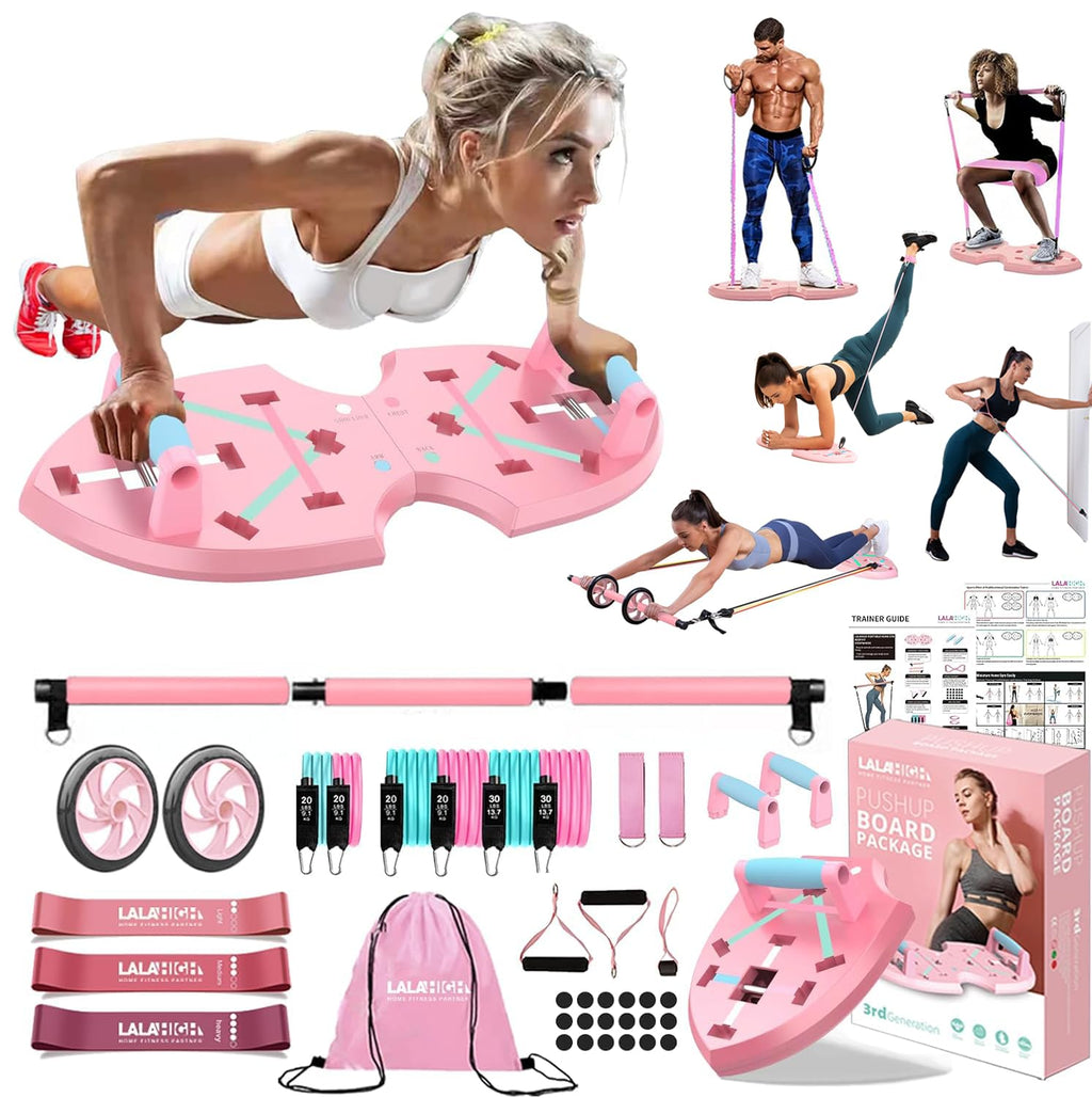LALAHIGH Portable Home Gym System for Men and Women:Push Up Board, Pilates Bar & 20 Fitness Accessories with Resistance Bands and Ab Roller Wheel-Professional Strength Training Exercise