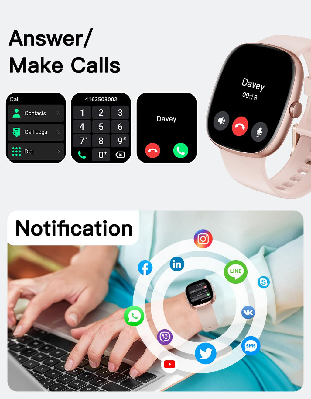 Fitness Tracker 2025 Ver. (Answer/Make Calls), 1.85" Smart Watch Fitness Watches for Women Men with 24/7 Heart Rate Blood Oxygen Monitor Sleep Tracker 100+ Sport Modes IP68 Waterproof (Pink)