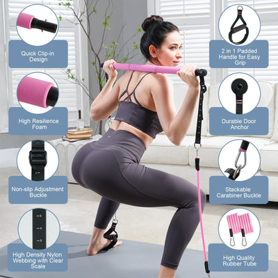 Pilates Bar Kit with Resistance Bands, Multifunctional Pilates Bar with 3 Set Exercise Resistance Bands, Portable Pilates Equipment for Women Home Gym Yoga Workouts