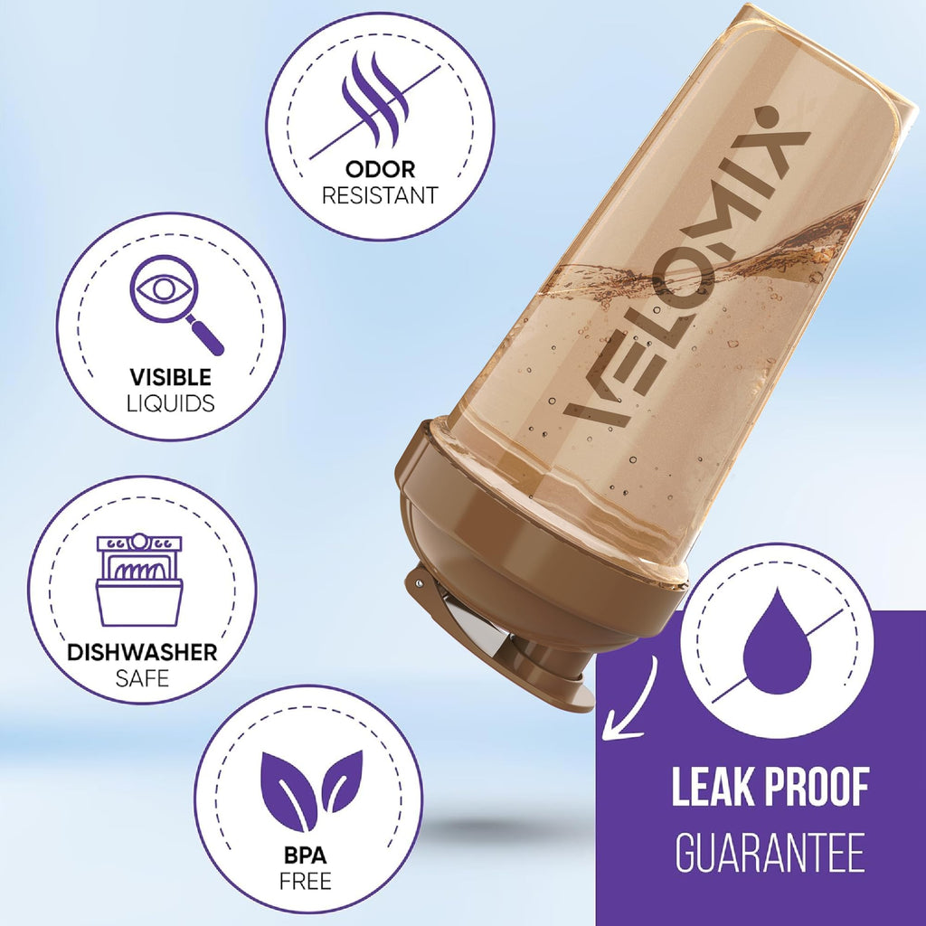 VELOMIX -4 PACK- 28 oz Protein Shaker Bottle for Protein Mixes - 4x Wire Whisk | Leak Proof Shaker Cups for Protein Shakes | Protein Shaker Bottle Pack | Protein Shake Cup (Brown)