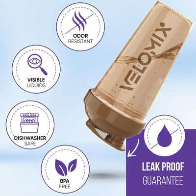 VELOMIX -4 PACK- 28 oz Protein Shaker Bottle for Protein Mixes - 4x Wire Whisk | Leak Proof Shaker Cups for Protein Shakes | Protein Shaker Bottle Pack | Protein Shake Cup (Brown)