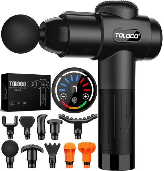 TOLOCO Massage Gun, Deep Tissue Back Massage for Athletes for Pain Relief, Percussion Massager with 10 Massages Heads & Silent Brushless Motor, Gifts for Fathers Day, Black