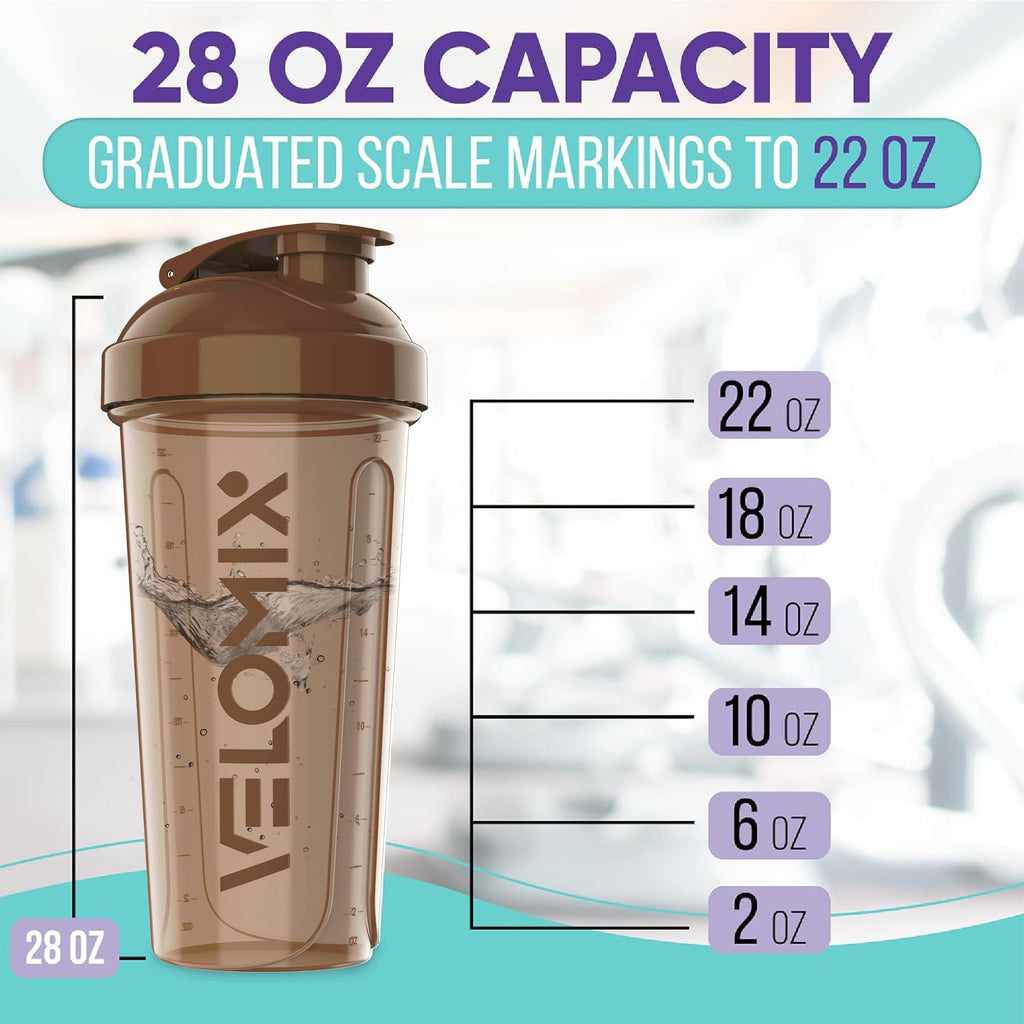 VELOMIX -4 PACK- 28 oz Protein Shaker Bottle for Protein Mixes - 4x Wire Whisk | Leak Proof Shaker Cups for Protein Shakes | Protein Shaker Bottle Pack | Protein Shake Cup (Brown)