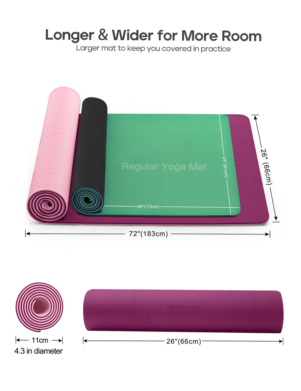 Heathyoga Eco Friendly Non Slip Yoga Mat, Body Alignment System, SGS Certified TPE Material - Textured Non Slip Surface and Optimal Cushioning,72"x 26" Thickness 1/4"
