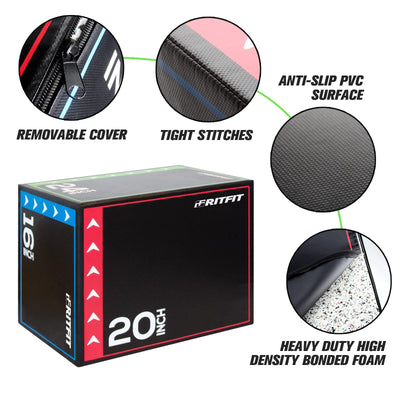 RitFit 3 in 1 Extra Firm Soft Plyo Box Foam Plyometric Box-30”x24”x20”-20"x18"x16" Heavy Duty High Density Foam Jumping Box 3 Sizes with PVC Cover,Platform for Home Gym Fitness, 440lb Weight Capacity