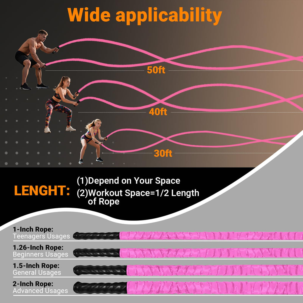 Battle Rope 1/1.26/1.5/2 Inch Diameter,Pink 30FT/40FT/50FT Exercise Workout Ropes for Home Gym Heavy Weighted Training Rope for Working Out