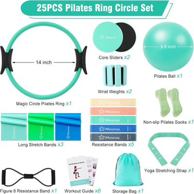 Pilates Equipment Kit for Home Workout, Pilates Ring and Ball Set for Women, 14'' Magic Circle Essentials Accessories Kit with Wrist Weights, Resistance Bands, Yoga Strap, Core Sliders, Socks, Bag