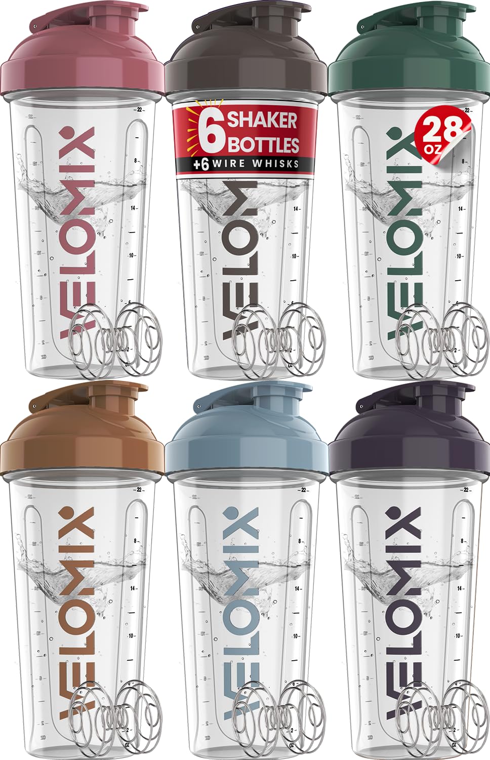 VELOMIX -6 PACK- 28 oz Protein Shaker Bottle for Protein Mixes - 6x Wire Whisk | Leak Proof Shaker Cups for Protein Shakes | Protein Shaker Bottle Pack | Protein Shake Cup (Earth Tones Collection)