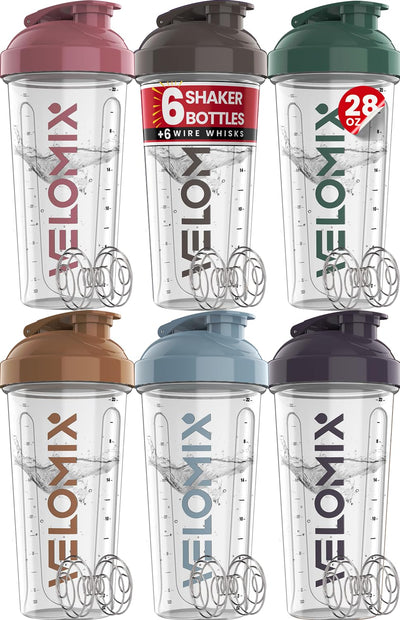 VELOMIX -6 PACK- 28 oz Protein Shaker Bottle for Protein Mixes - 6x Wire Whisk | Leak Proof Shaker Cups for Protein Shakes | Protein Shaker Bottle Pack | Protein Shake Cup (Earth Tones Collection)