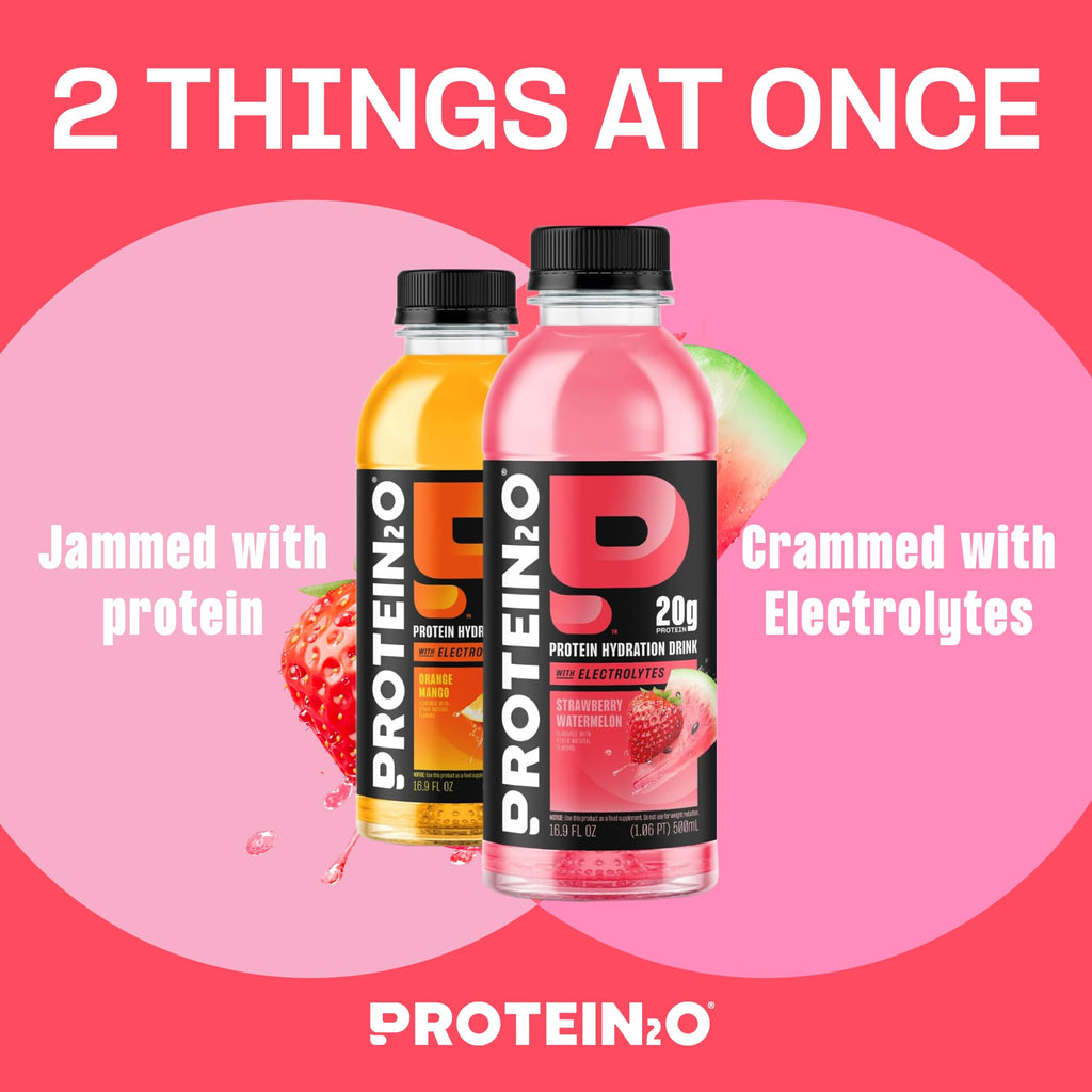 Protein2o Hydration Drink - 2-in-1 Liquid Clear Whey Protein Isolate and Electrolyte Drink - 20g Protein, Vitamins B5, B6 - Post-Workout Recovery - 16.9 Fl Oz - 12 Count Strawberry Watermelon