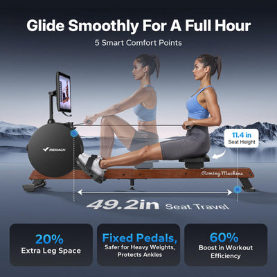 MERACH Pro-Grade Rowing Machines for Home, Smart Magnetic Rowing Machine with Self-Generation, Double Resistance and 400 LBS MAX Load, Wooden Tracks for Silent Sliding, MERACH App 1000+ Course & Games