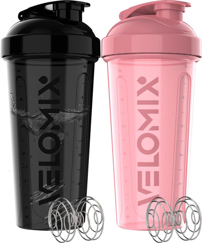 VELOMIX -2 Pack- 28 oz Protein Shaker Bottles for Protein Mixes - 2x Wire Whisk | Leak Proof Shaker Cups for Protein Shakes | Protein Shaker Bottle Pack (Black/Transparent)