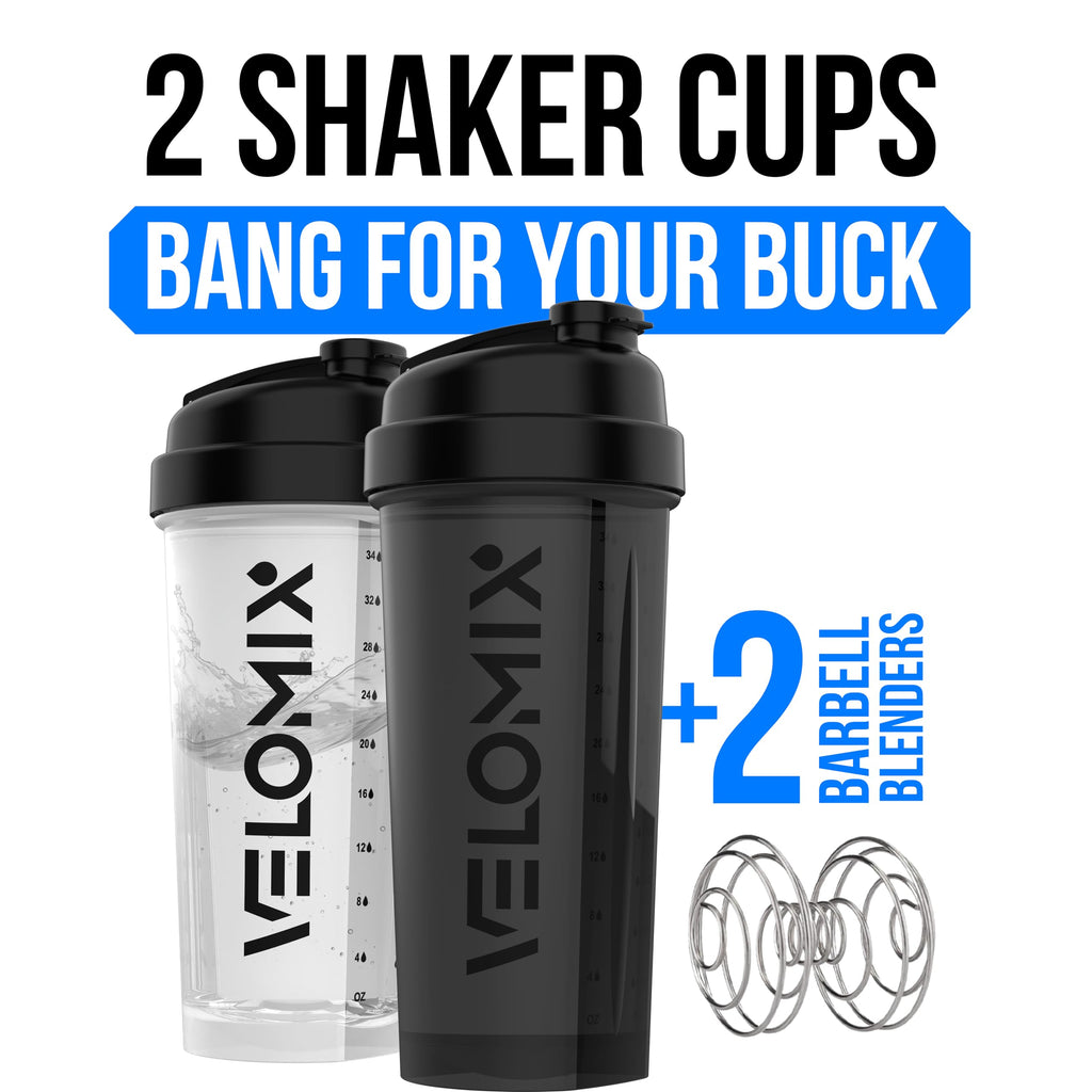 VELOMIX -2 Pack- 28 oz Protein Shaker Bottles for Protein Mixes - 2x Wire Whisk | Leak Proof Shaker Cups for Protein Shakes | Protein Shaker Bottle Pack (Black/Transparent)