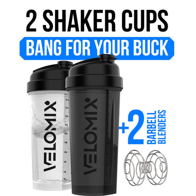 VELOMIX -2 Pack- 28 oz Protein Shaker Bottles for Protein Mixes - 2x Wire Whisk | Leak Proof Shaker Cups for Protein Shakes | Protein Shaker Bottle Pack (Black/Transparent)