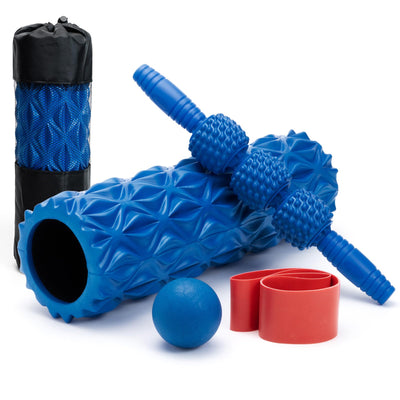 5 in1 Foam Roller Set, Trigger Point Foam Roller, Massage Roller Stick, Massage Ball, Resistance Band for Deep Muscle Massage Pilates Yoga,Fitness Exercise for Whole Body (Black-Red)