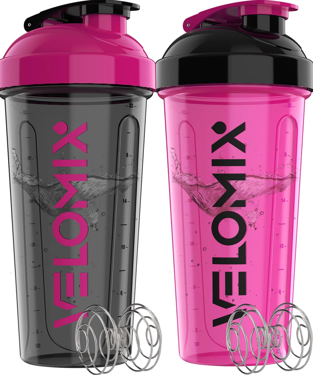 VELOMIX -2 Pack- 28 oz Protein Shaker Bottles for Protein Mixes - 2x Wire Whisk | Leak Proof Shaker Cups for Protein Shakes | Protein Shaker Bottle Pack (Black/Transparent)