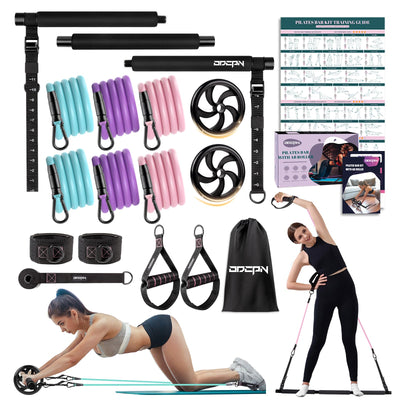 Pilates Bar Kit with Resistance Bands, Multifunctinal Exercise Bar with Ab Roller for Pilates/Abs/Weight Loss, Portable Home Gym Pilates bar kit for Full Body Training Women