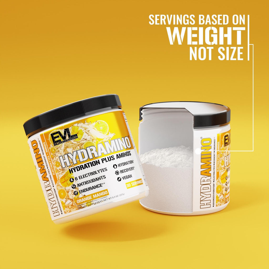 Evlution Nutrition HYDRAMINO Complete Hydration Multiplier, All 6 Electrolytes, Vitamin C & B, Fluid Boosting Aminos, Coconut Water, Endurance, Recovery, Antioxidants, 30 Serve, Orange Mango