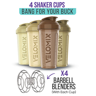 VELOMIX -4 PACK- 28 oz Protein Shaker Bottle for Protein Mixes - 4x Wire Whisk | Leak Proof Shaker Cups for Protein Shakes | Protein Shaker Bottle Pack | Protein Shake Cup (Brown)