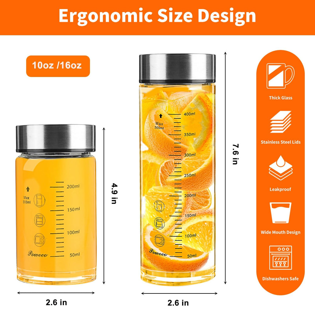 Glass Juice Bottles 4 Pack 20 oz - Wide Mouth Glass Water Bottles with Lids - for Juicing, Protein, Smoothie, Milk, Reusable, BPA Free, Stainless Steel Lids, Blender, Shaker Bottle (20oz/600ml)