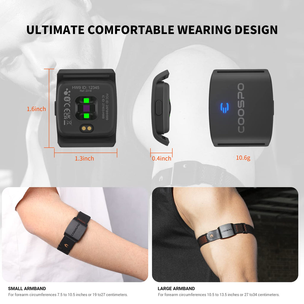 COOSPO HW9 Bluetooth 5.0 ANT+ Heart Rate Monitor Armband with HR Zones/Calories Burned, Optical HRM Sensor for Fitness Training/Cycling/Running,Compatible with Peloton,DDP Yoga,Wahoo