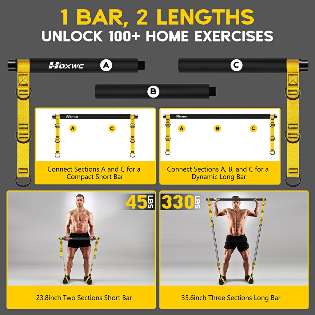 Pilates Equipment, Portable Pilates Bar Kit with Resistance Bands, Professional Adjustable Heavy Duty Squat Workout Equipment for Men, Home Gym Muscle Strength Training, Full Body Exercise