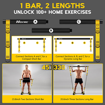 Pilates Equipment, Portable Pilates Bar Kit with Resistance Bands, Professional Adjustable Heavy Duty Squat Workout Equipment for Men, Home Gym Muscle Strength Training, Full Body Exercise