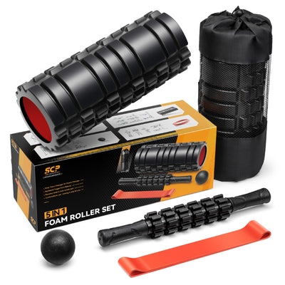 5 in1 Foam Roller Set, Trigger Point Foam Roller, Massage Roller Stick, Massage Ball, Resistance Band for Deep Muscle Massage Pilates Yoga,Fitness Exercise for Whole Body (Black-Red)