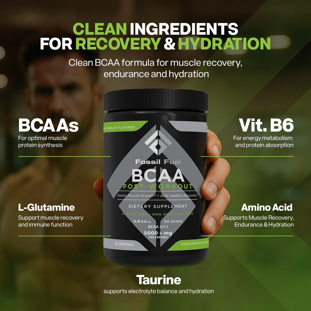 Fossil Fuel Sugar-Free BCAA Powder – Post-Workout Muscle Recovery with BCAAs, Glutamine, Vitamin B6, Amino Acids, Endurance & Hydration, Honeydew Watermelon (30 Servings)