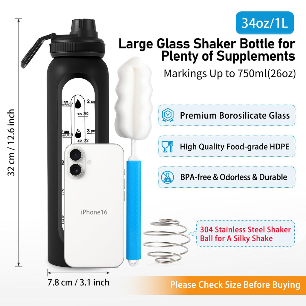 Glass Shaker Bottle 34oz/1L Black Glass Protein Shaker Bottle With Shaker Ball Large Shaker Bottles for Protein Mixes Portable Powder Mixer Blender Water Bottle for Gym Workout Sports
